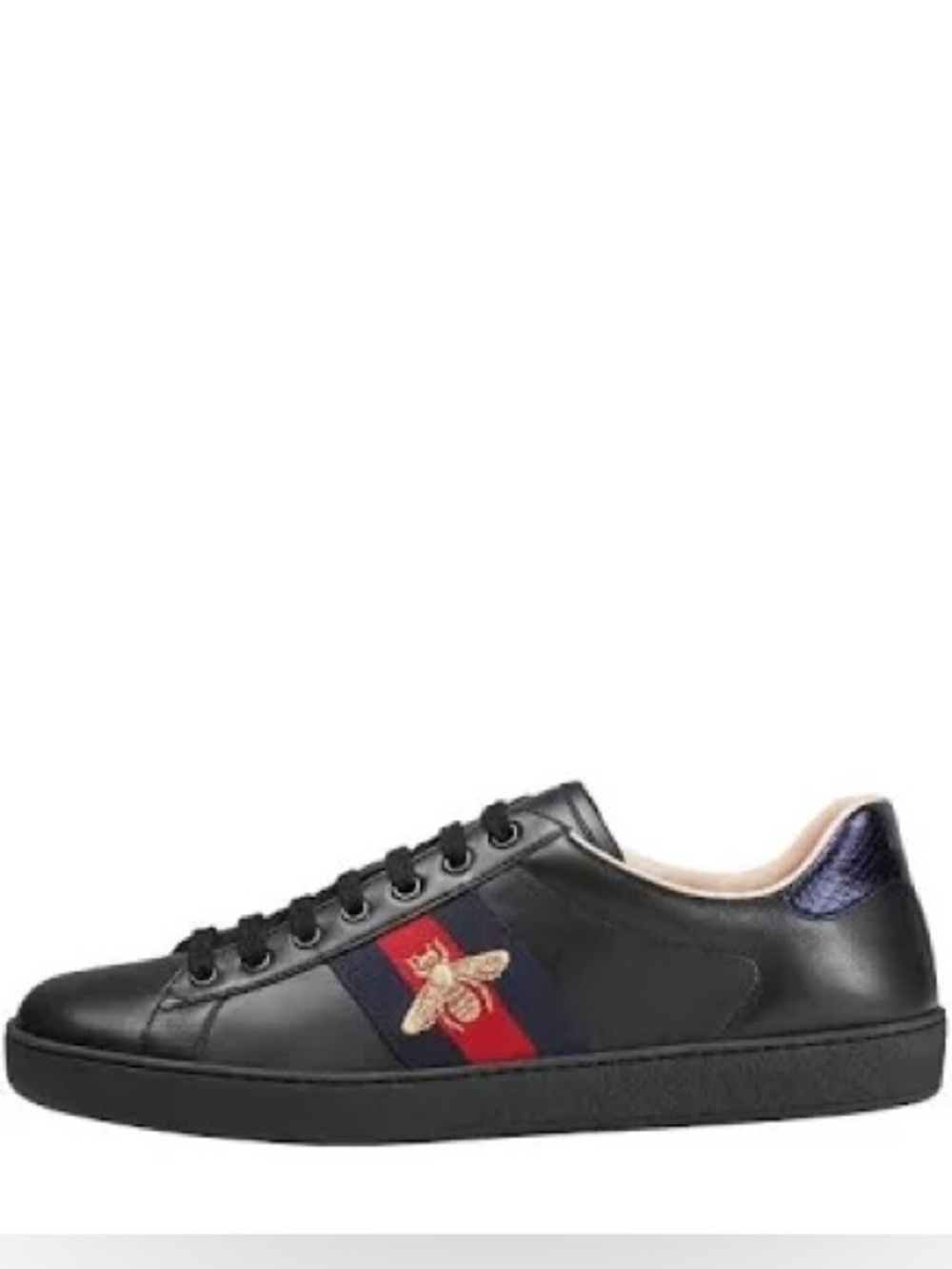 $830~GUCCI~Black ACE Gold Embroidered Bee Blue/Red Web Stripe Sneakers~6/6.5/37